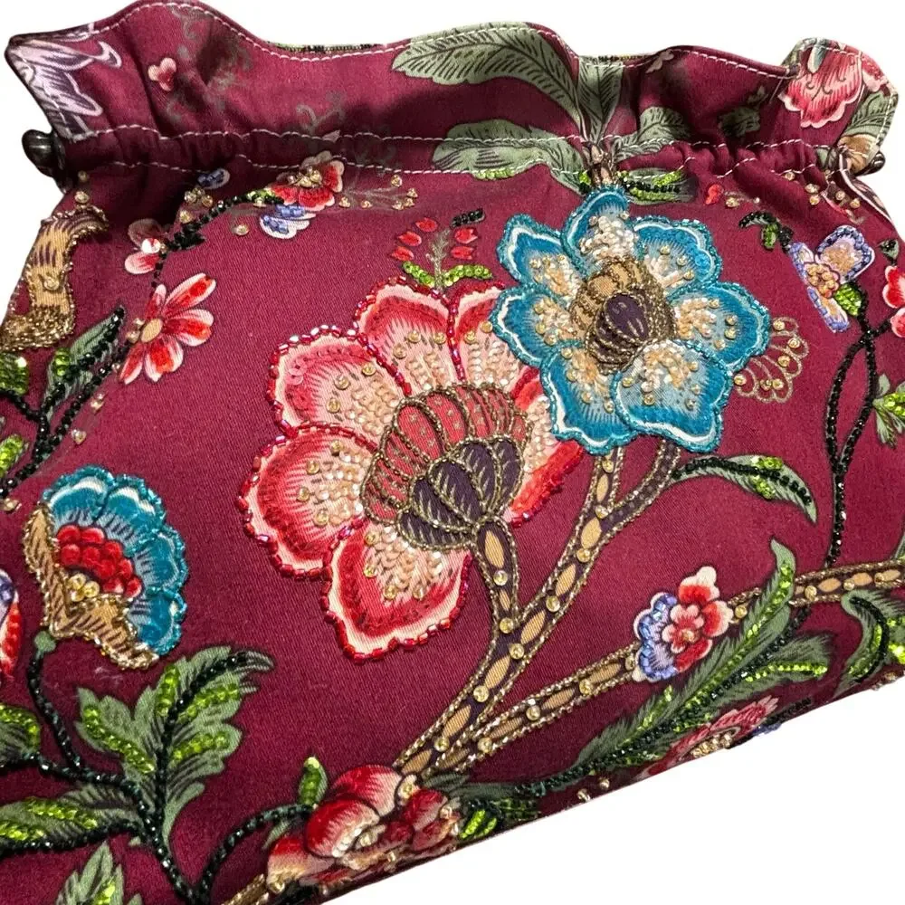Isabella Fiore beaded Shoulder bag purse multicolor floral & tan leather trim